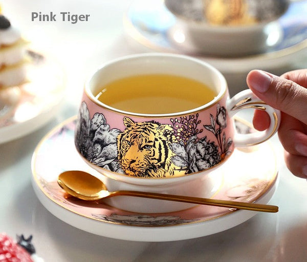 Creative Ceramic Tea Cups and Saucers, Jungle Tiger Cheetah Porcelain Coffee Cups, Unique Ceramic Cups with Gold Trim and Gift Box-Silvia Home Craft