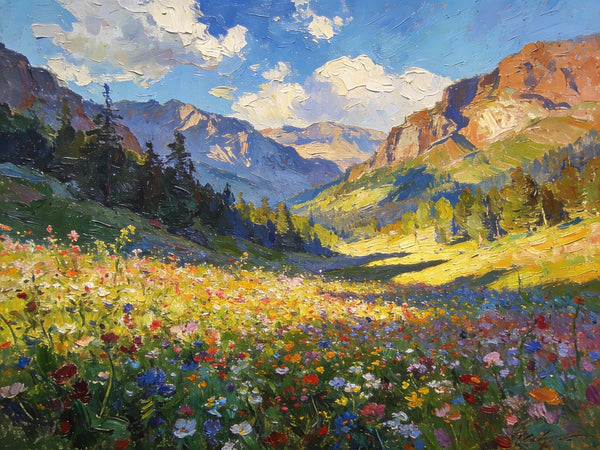 Small Landscape Paintings, Mountain Meadow in Bloom, A Lush Floral Landscape, Original Wall Paintings, Original Artwork Small Paintings, On Canvas Small Wall Paintings, Hand Painted Canvas Art-Silvia Home Craft