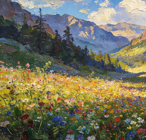 Small Landscape Paintings, Mountain Meadow in Bloom, A Lush Floral Landscape, Original Wall Paintings, Original Artwork Small Paintings, On Canvas Small Wall Paintings, Hand Painted Canvas Art-Silvia Home Craft