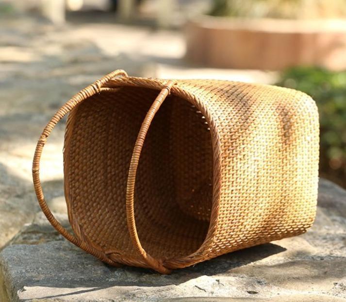 Woven Rattan Storage Basket with Handle, Storage Basket for Picnic, Fruit Storage Basket, Kitchen Storage Basekt-Silvia Home Craft