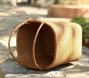 Woven Rattan Storage Basket with Handle, Storage Basket for Picnic, Fruit Storage Basket, Kitchen Storage Basekt-Silvia Home Craft
