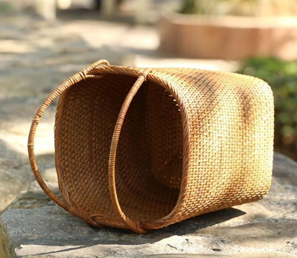 Woven Rattan Storage Basket with Handle, Storage Basket for Picnic, Fruit Storage Basket, Kitchen Storage Basekt-Silvia Home Craft