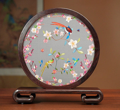 Flower and Birds Silk Embroidery Ornaments, Exclusive Business Presents, Creative Birthday Gift, Premium Souvenir, Traditional Chinese Suzhou Silk Embroidery-Silvia Home Craft