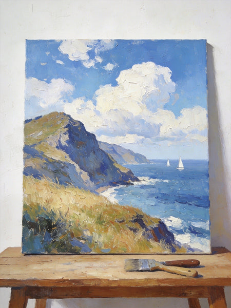 Original Landscape Paintings, Sails Beneath the Cliffside Clouds, Hand Painted Canvas Art, Small Canvas Wall Art Paintings, Buy Small Paintings Online, Original Oil Paintings-Silvia Home Craft