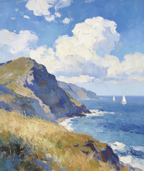 Original Landscape Paintings, Sails Beneath the Cliffside Clouds, Hand Painted Canvas Art, Small Canvas Wall Art Paintings, Buy Small Paintings Online, Original Oil Paintings-Silvia Home Craft