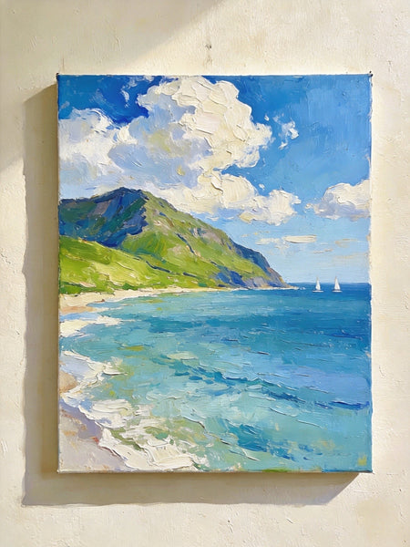 Hand Painted Canvas Art, Sunlit Coastal Sails, Original Landscape Paintings, Original Oil Paintings, Small Canvas Wall Art Paintings, Buy Small Paintings Online-Silvia Home Craft