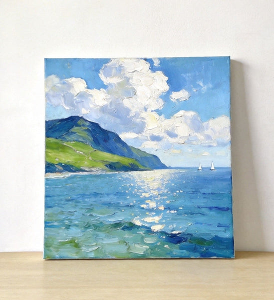 Bright Shoreline of the Blue Coast, Original Landscape Paintings, Original Oil Paintings, Hand Painted Canvas Art, Small Canvas Wall Art Paintings, Buy Small Paintings Online-Silvia Home Craft