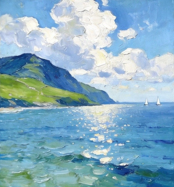 Bright Shoreline of the Blue Coast, Original Landscape Paintings, Original Oil Paintings, Hand Painted Canvas Art, Small Canvas Wall Art Paintings, Buy Small Paintings Online-Silvia Home Craft