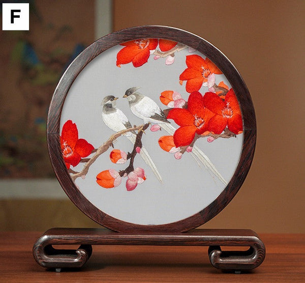 Flower and Bird Embroidery Ornaments, Unique Birthday Gift, Traditional Chinese Suzhou Silk Embroidered Ornament, Premium Souvenir, Exclusive Business Presents-Silvia Home Craft