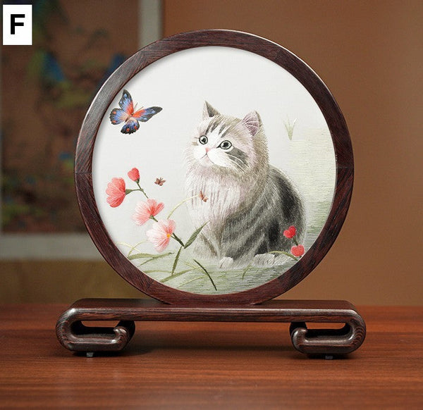 Exclusive Business Present, Lovely Kitty Cat Embroidered Decor, Premium Souvenir, Unique Birthday Gift, Traditional Chinese Suzhou Kitten Embroidery Ornament-Silvia Home Craft