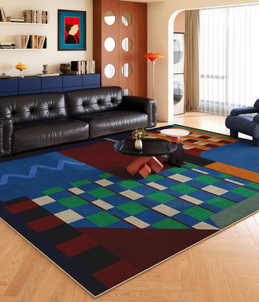Mid Century Modern Rugs in Living Room, Bedroom Modern Rugs, Large Modern Rugs for Sale, Blue Contemporary Floor Carpets under Sofa-Silvia Home Craft