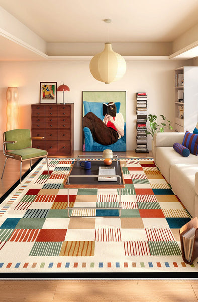 Colorful Mid Century Rugs for Small House, Modern Runner Rugs Next to Bed, Abstract Contemporary Modern Rugs for Living Room, Modern Rugs for Apartment-Silvia Home Craft