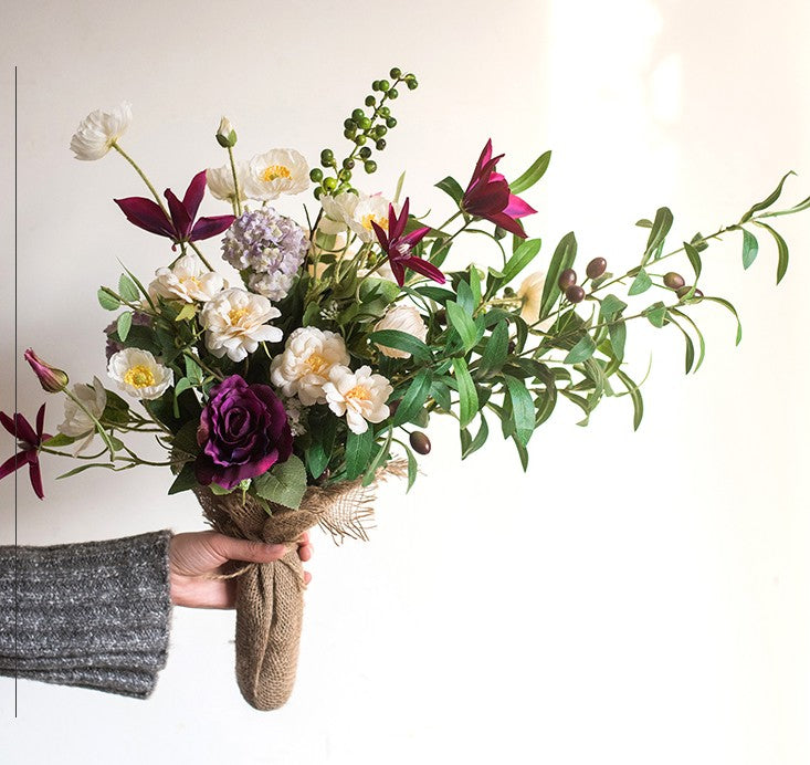 Clematis, Olive Branch, Sweet Alyssum, Corn poppy, Cranberry, Iceberg Rose Flowers, Unique Flower Arrangement for Home Decoration, Beautiful Artificial Flowers for Living Room-Silvia Home Craft