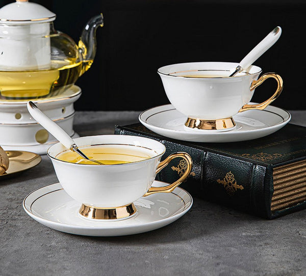 White Ceramic Cups, Elegant British Ceramic Coffee Cups, 7.8 oz Porcelain Tea Cup Saucer Set, Unique Tea Cup and Saucer in Gift Box-Silvia Home Craft