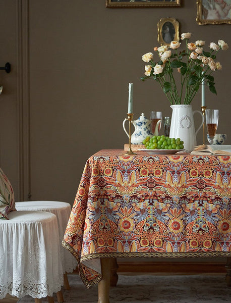 Flower Pattern Tablecloth, Square Tablecloth for Round Table, Large Cotton Rectangle Tablecloth for Home Decoration, Farmhouse Table Cloth Dining Room Table-Silvia Home Craft
