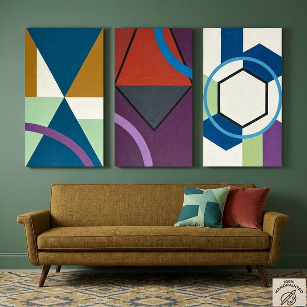 Geometric Abstract Paintings for Modernism Living Room Decor, Multi Panel Canvas Art, Extra Large Group Paintings, Hand Painted Artwork