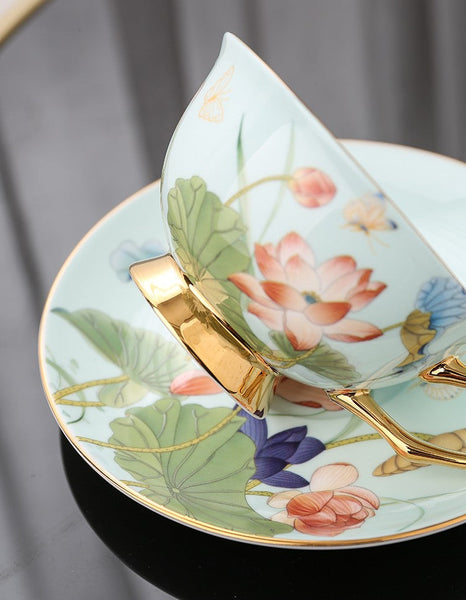 Lotus Flower Porcelain Tea Cup Saucer Set, Unique British Tea Cup and Saucer in Gift Box, Elegant British Ceramic Coffee Cups-Silvia Home Craft