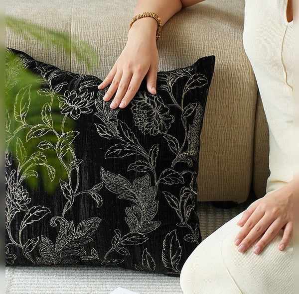 Contemporary Modern Sofa Pillows, Black Embroidery Flower Pattern Pillows for Couch, Decorative Throw Pillows for Bedroom, Large Modern Sofa Pillow for Dining Room-Silvia Home Craft