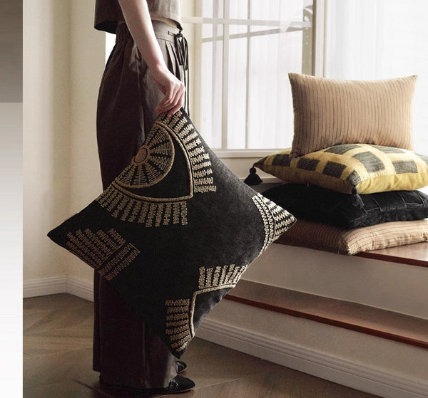 Geometric Modern Sofa Pillows, Large Square Decorative Throw Pillows for Couch, Large Black Decorative Throw Pillows, Black Geometric Sofa Pillows for Interior Design-Silvia Home Craft