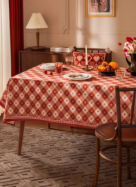 Red Heart-shaped Table Cover for Dining Room Table, Holiday Red Tablecloth for Dining Table, Modern Rectangle Tablecloth for Oval Table-Silvia Home Craft