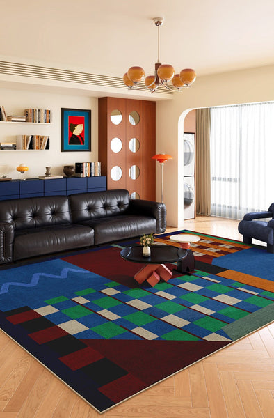 Mid Century Modern Rugs in Living Room, Bedroom Modern Rugs, Large Modern Rugs for Sale, Blue Contemporary Floor Carpets under Sofa-Silvia Home Craft