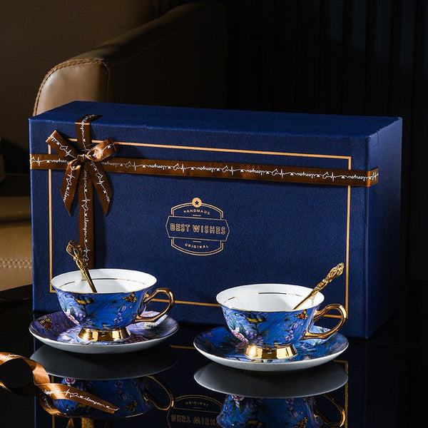 Unique British Tea Cup and Saucer in Gift Box, Blue Bird and Butterfly Porcelain Tea Cup Saucer Set, 7.4 oz British Ceramic Coffee Cups-Silvia Home Craft