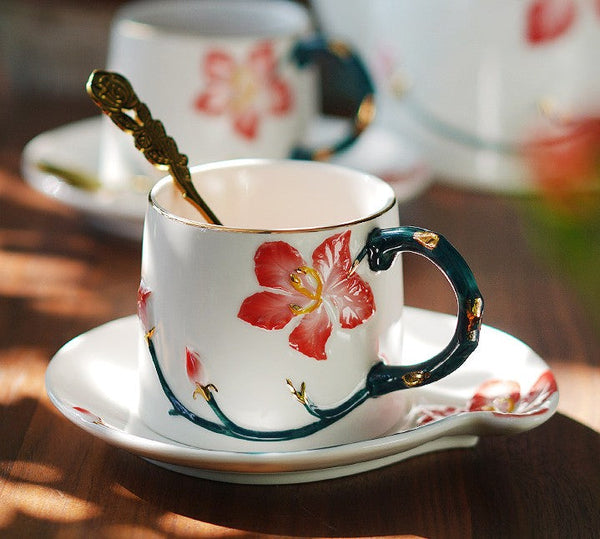 Afternoon British Tea Cups, Creative Bone China Porcelain Tea Cup Set, Traditional English Tea Cups and Saucers, Unique Ceramic Coffee Cups-Silvia Home Craft