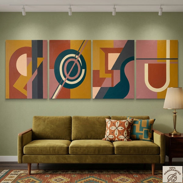 Geometric Contemporary Art, Large Modern Paintings for Living Room, Multi Panel Canvas Paintings, Original Abstract Artwork-Silvia Home Craft