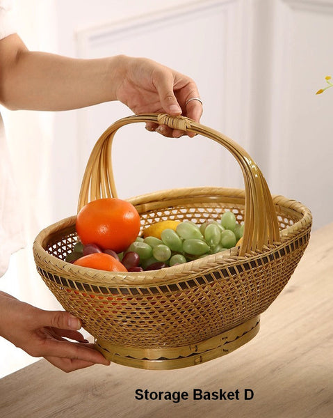 Natural Hand-woven Bamboo Basket, Extra Large Picnic Food Basket with Handle, Lovely Bamboo Baskets for Vegetable, Natural Fruit Basket Kitchen Storage Baskets-Silvia Home Craft