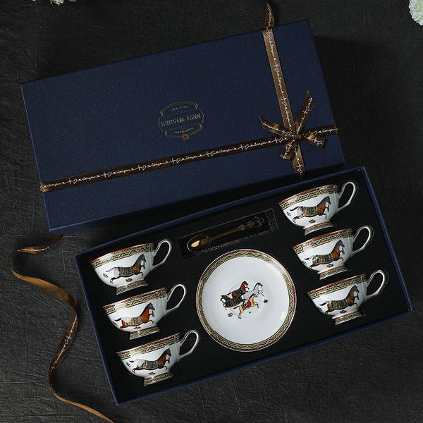 Elegant British Horse Pattern Coffee Cup with Saucer, 7.4 oz Ceramic Tea Cup and Saucer in Gift Box, Porcelain Tea Cup and Saucer Set-Silvia Home Craft