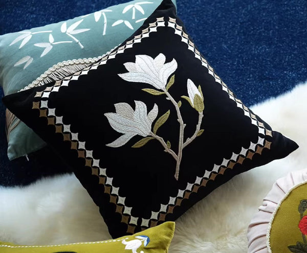 Decorative Pillow Arrangement Ideas for Couch, Magnolia Embroidered Cushion, Large Decorative Pillows for Couch, Modern Throw Pillows for Bedroom, Living Room Decorative Pillows-Silvia Home Craft