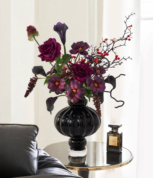 Unique Contemporary Vases for Modern Home Decor, Black Glass Bud Vases, Handmade Liuli Vases, Centerpiece Vases on Table, Black Glaze Vase-Silvia Home Craft