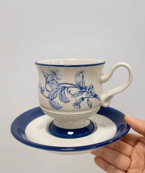 Creative Blue Coffee Cup and Saucer, Elegant Ceramic Cups for Afternoon Tea, Creative Porcelain Tea Cup Set, Beautiful British Tea Cups-Silvia Home Craft