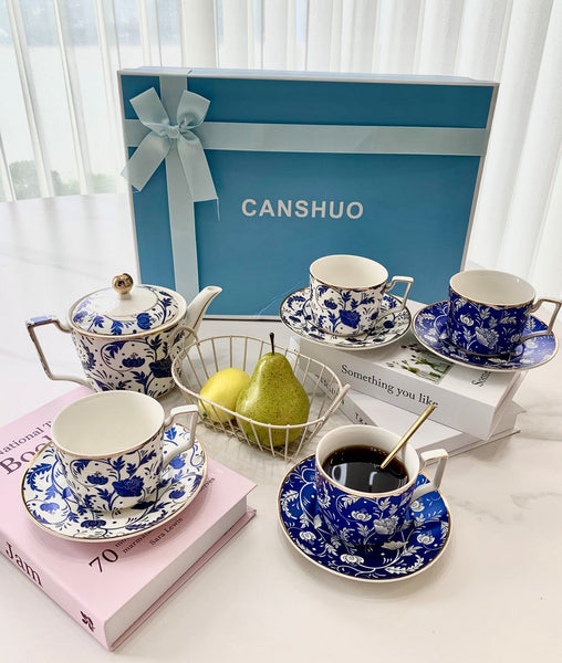 Unique British Traditional Afternoon Tea Cup Set with Teapot, 8 oz Ceramic Coffee Cup with Saucer Set of 4 cups in Gift Box, Blue Porcelain Tea Cup and Saucer Set-Silvia Home Craft