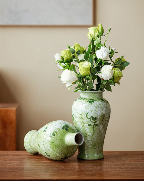 Large Flower Vases on Table, Green Porcelain Flower Vases, Centerpiece Ceramic Bud Vases, Handmade Water Holding Flower Vase-Silvia Home Craft