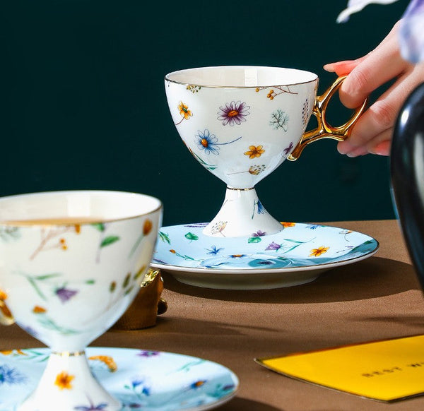 Elegant British Ceramic Coffee Cup with Saucer, 6.8 oz Tea Cup and Saucer Set in Gift Box, Floral Porcelain Tea Cup and Saucer Set, Flower Ceramic Tea Cup and Saucer-Silvia Home Craft