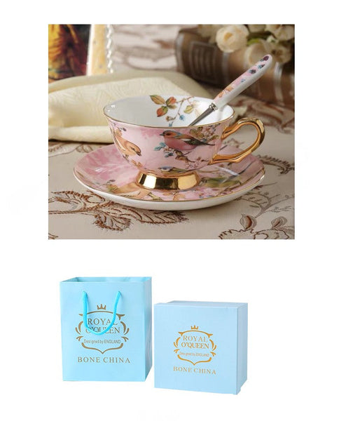 Elegant Ceramic Coffee Cups, 7.4 oz British Tea Cups, Bird Porcelain Tea Cup Saucer Set, Tea Cup and Saucer in Gift Box as Birthday Gift-Silvia Home Craft