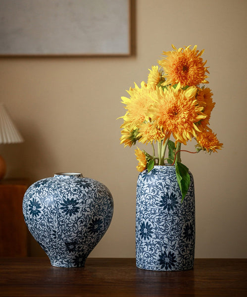 Centerpiece on Dining Table, Large Blue Flower Vase on Table, Vintage Bouquet Flower Vases, Handmade Porcelain Flower Vases Urn, Water Holding Flower Vases-Silvia Home Craft