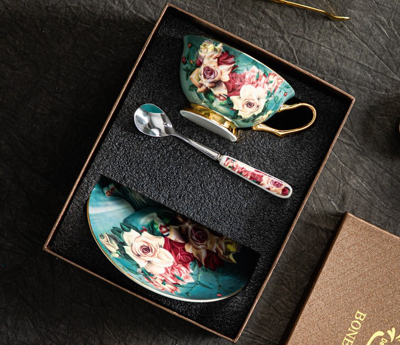 Rose Royal Ceramic Cups, Elegant Flower Ceramic Coffee Cups, Afternoon Bone China Porcelain Tea Cup Set, Unique Tea Cups and Saucers in Gift Box-Silvia Home Craft