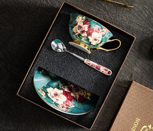 Rose Royal Ceramic Cups, Elegant Flower Ceramic Coffee Cups, Afternoon Bone China Porcelain Tea Cup Set, Unique Tea Cups and Saucers in Gift Box-Silvia Home Craft