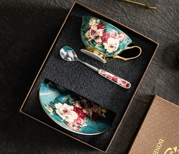 Rose Royal Ceramic Cups, Elegant Flower Ceramic Coffee Cups, Afternoon Bone China Porcelain Tea Cup Set, Unique Tea Cups and Saucers in Gift Box-Silvia Home Craft