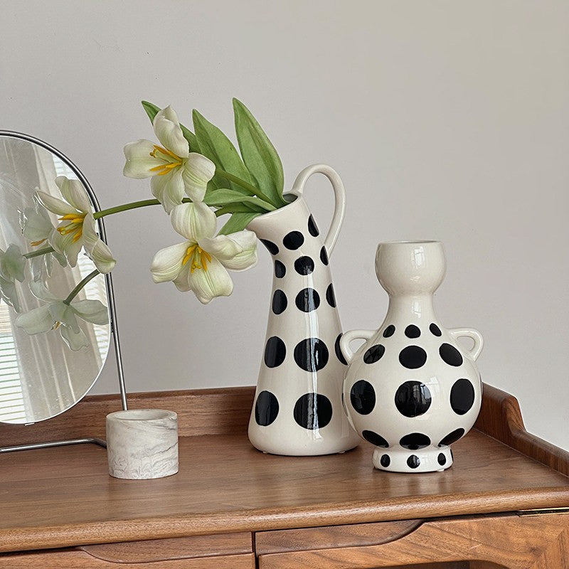 Black And White Polka Dot Flower Vase, Modern Ceramic Table Decor, Playful Geometric Pattern