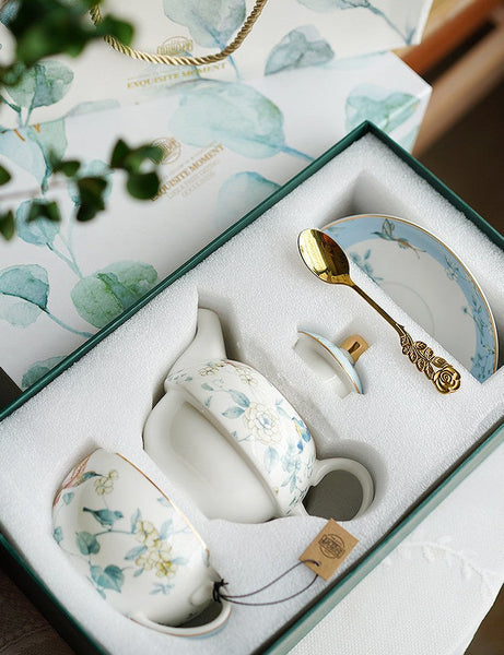 Stackable Teapot and Cup Set, Ceramic Tea Pot with Integrated Cup, Porcelain Teapot with Matching Cup and Saucer in Gift Box, Mother-and-Baby Teapot with Matching Saucer-Silvia Home Craft