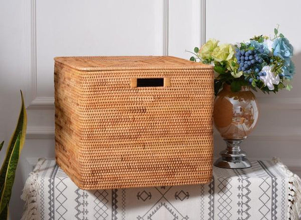 Rectangular Storage Basket with Lid, Rattan Storage Baskets for Clothes, Kitchen Storage Baskets, Oversized Storage Baskets for Living Room-Silvia Home Craft