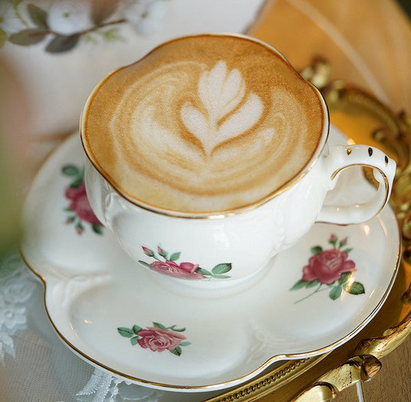 British Royal Ceramic Cups for Traditional Afternoon Tea, 7.4 oz Ceramic Coffee Cups, Rose Porcelain Tea Cup Saucer Set, 6.8 oz Tea Cup and Saucer in Gift Box-Silvia Home Craft