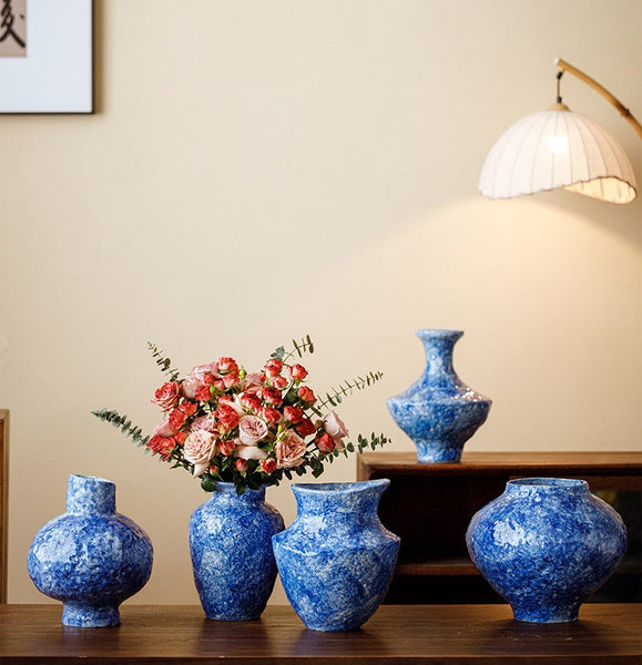Modern Pottery Flower Vases, Handmade Water Holding Flower Vases, Centerpiece on Dining Table, Blue Pottery Bud Vases, Large Flower Vases on Table-Silvia Home Craft