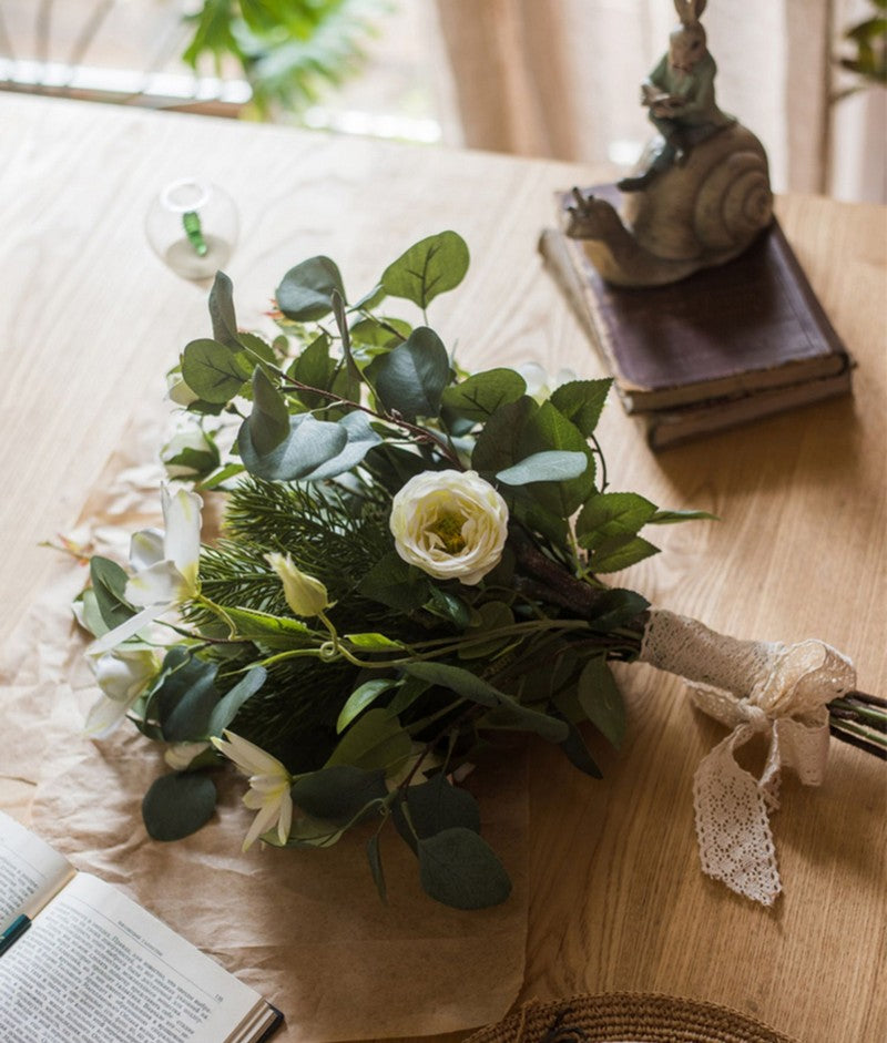 Eucalyptus Globulus, Clematis, White Rose Flowers, Unique Flower Arrangement for Home Decoration, Beautiful Modern Artificial Flowers for Dining Room Table-Silvia Home Craft