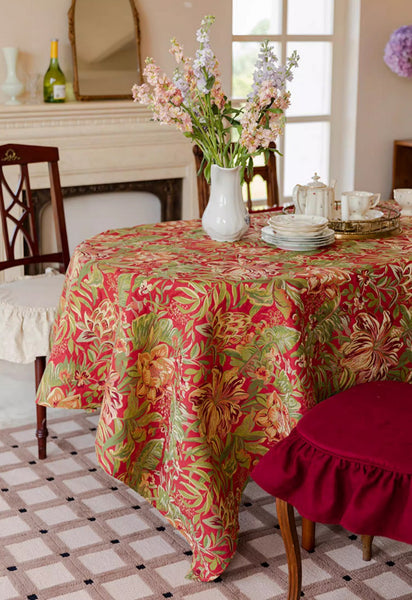 Large Modern Rectangle Tablecloth for Dining Table, Flower Pattern Red Table Covers for Round Table, Farmhouse Table Cloth for Oval Table-Silvia Home Craft