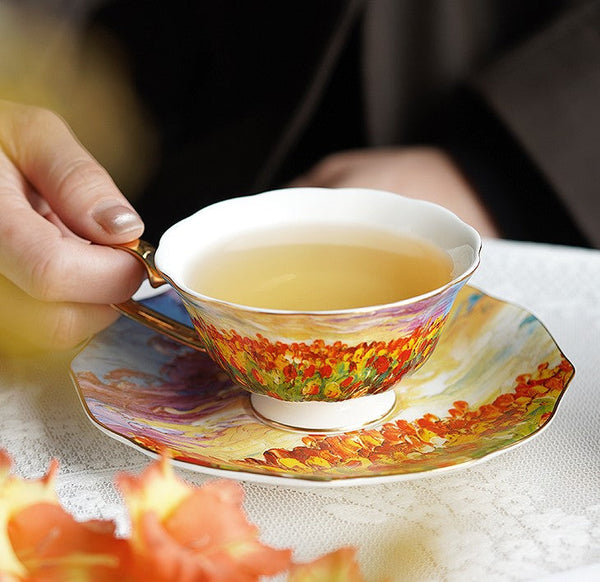 Elegant Ceramic Coffee Cups, Flower Field Vintage Porcelain Tea Cup Saucer Set, Unique British Tea Cup and Saucer in Gift Box, Royal Ceramic Cups-Silvia Home Craft