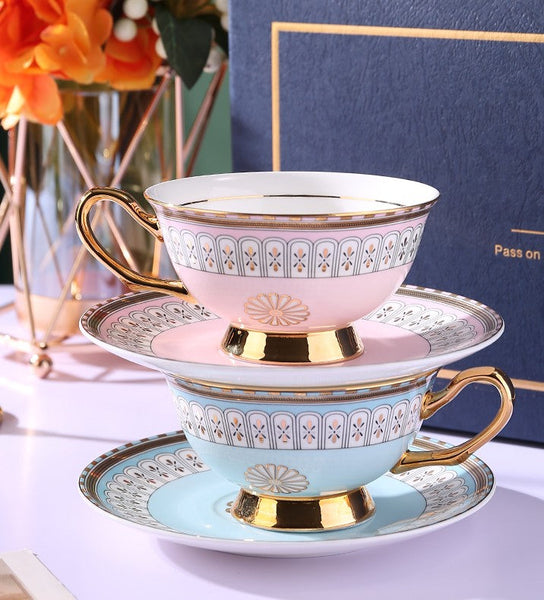 Royal Blue and Pink Bone China Porcelain Tea Cup Set, Tea Cups and Saucers in Gift Box, Elegant Ceramic Coffee Cups, Beautiful British Tea Cups-Silvia Home Craft